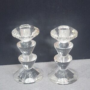 Simon Designs Candle Holders Clear Crystal Faceted Geometric Set of 2 5.5in